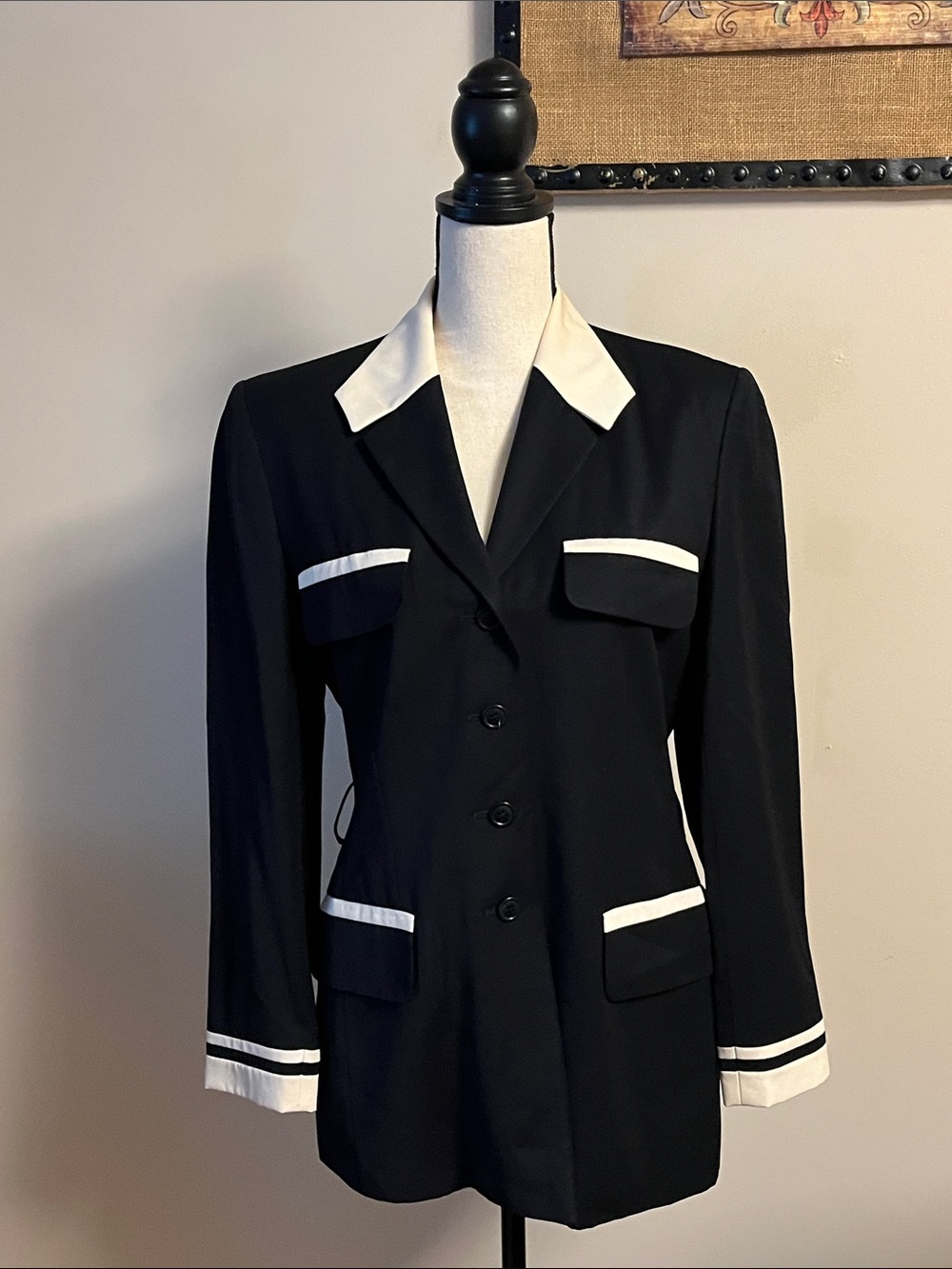 Escada Black Blazer with White Contrast Trim, size 36 European, USA 6